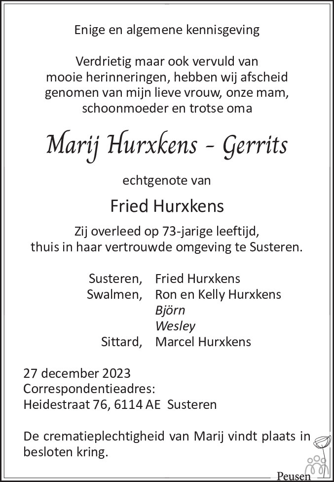 Marij Hurxkens Gerrits 27 12 2023 Overlijdensbericht En Condoleances