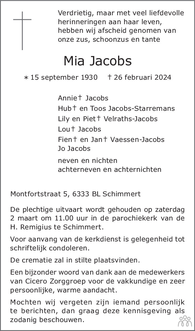 Mia Jacobs 26-02-2024 overlijdensbericht en condoleances - Mensenlinq.nl