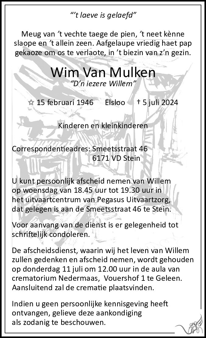 Wim van Mulken 05-07-2024 overlijdensbericht en condoleances ...