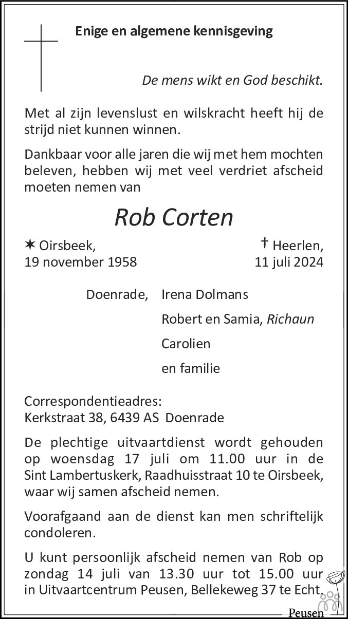 Rob Corten 11-07-2024 overlijdensbericht en condoleances - Mensenlinq.nl