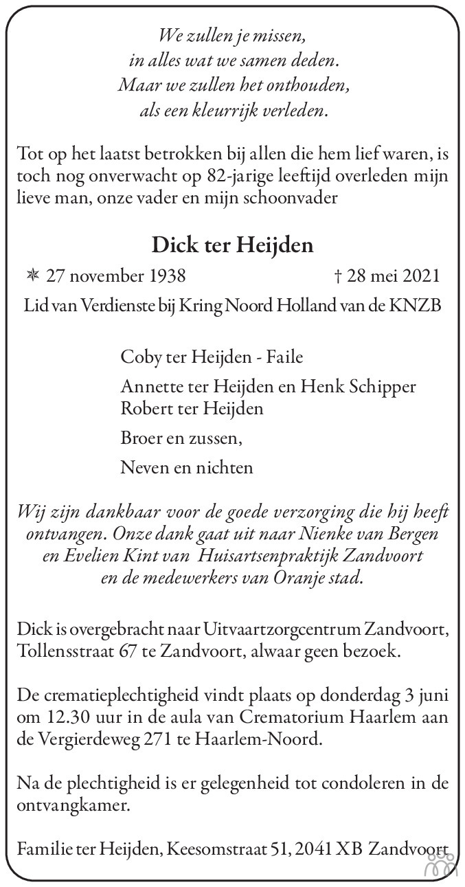 Overlijdensbericht van Dick ter Heijden in Haarlems Dagblad Kombinatie