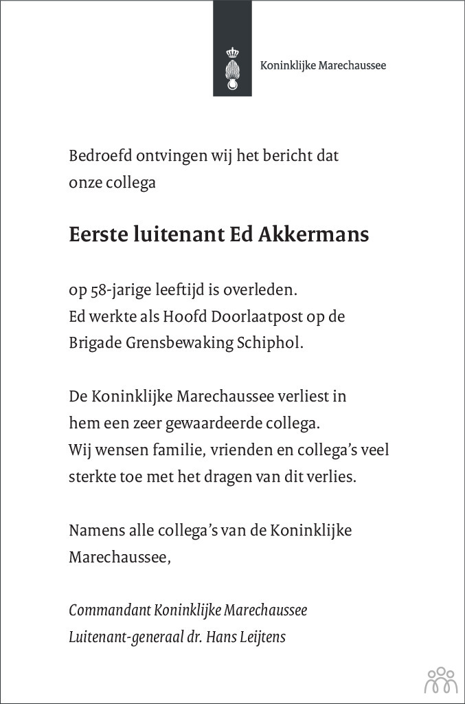 Overlijdensbericht van Ed Akkermans in de Telegraaf