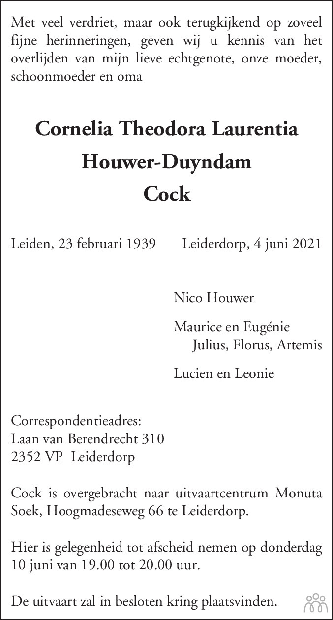 Overlijdensbericht van Cornelia Theodora Laurentia (Cock) Houwer-Duyndam in Leidsch Dagblad