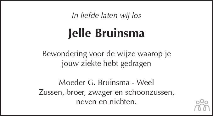 Overlijdensbericht van Jelle (Julius) Bruinsma in Dagblad voor West-Friesland