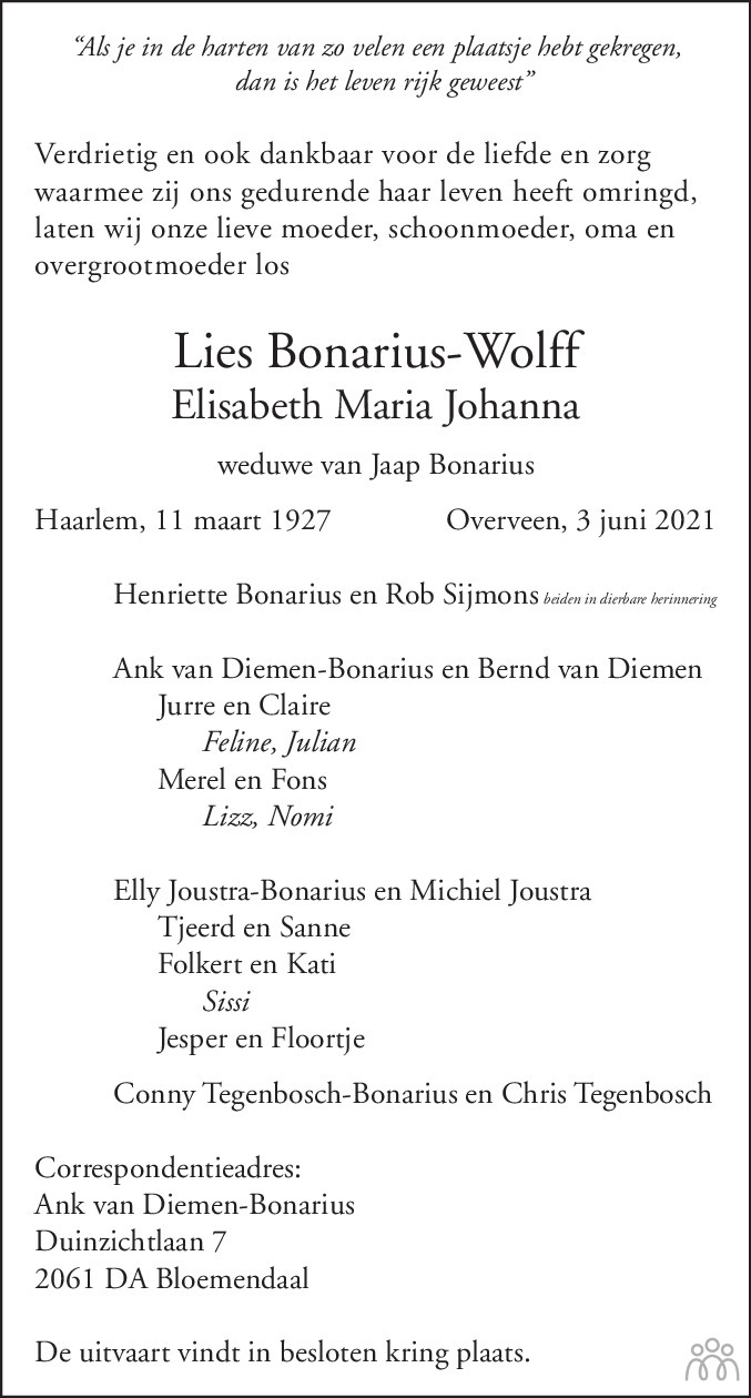 Overlijdensbericht van Lies (Elisabeth Maria Johanna) Bonarius-Wolff in Haarlems Dagblad Kombinatie