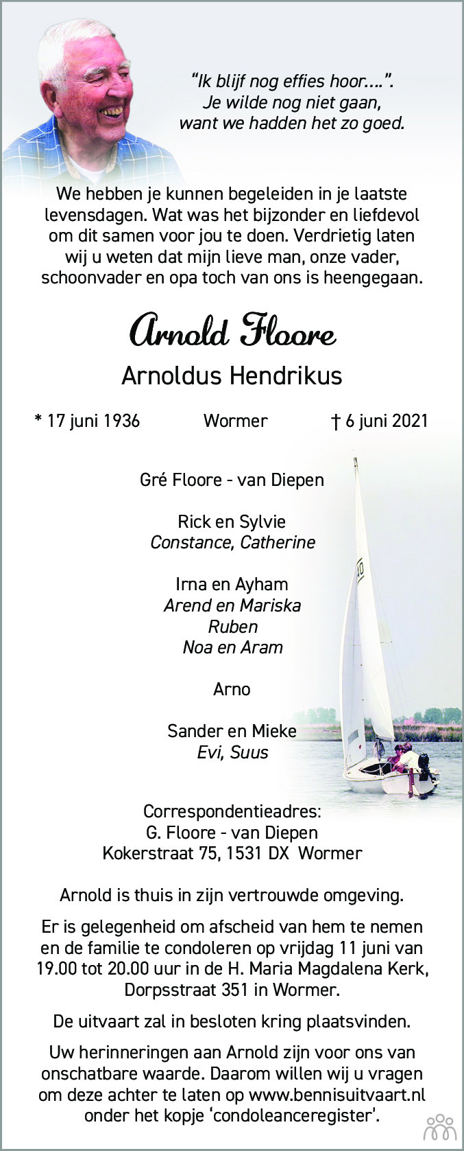 Overlijdensbericht van Arnold (Arnoldus Hendrikus) Floore in Dagblad Zaanstreek