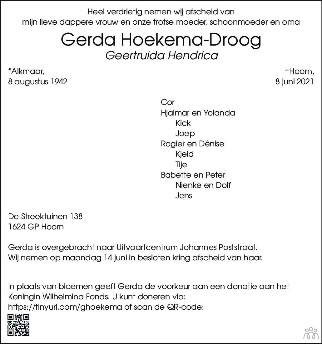 Overlijdensbericht van Geertruida (Gerda) Hendrica Hoekema-Droog in Dagblad voor West-Friesland