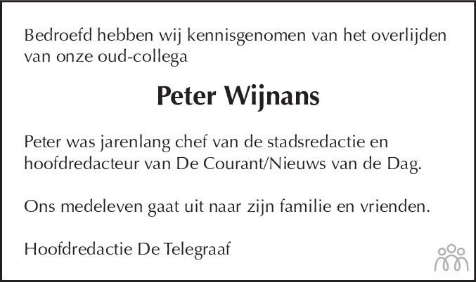 Overlijdensbericht van Peter (Peter Hendrikus Hubertus) Wijnans in de Telegraaf