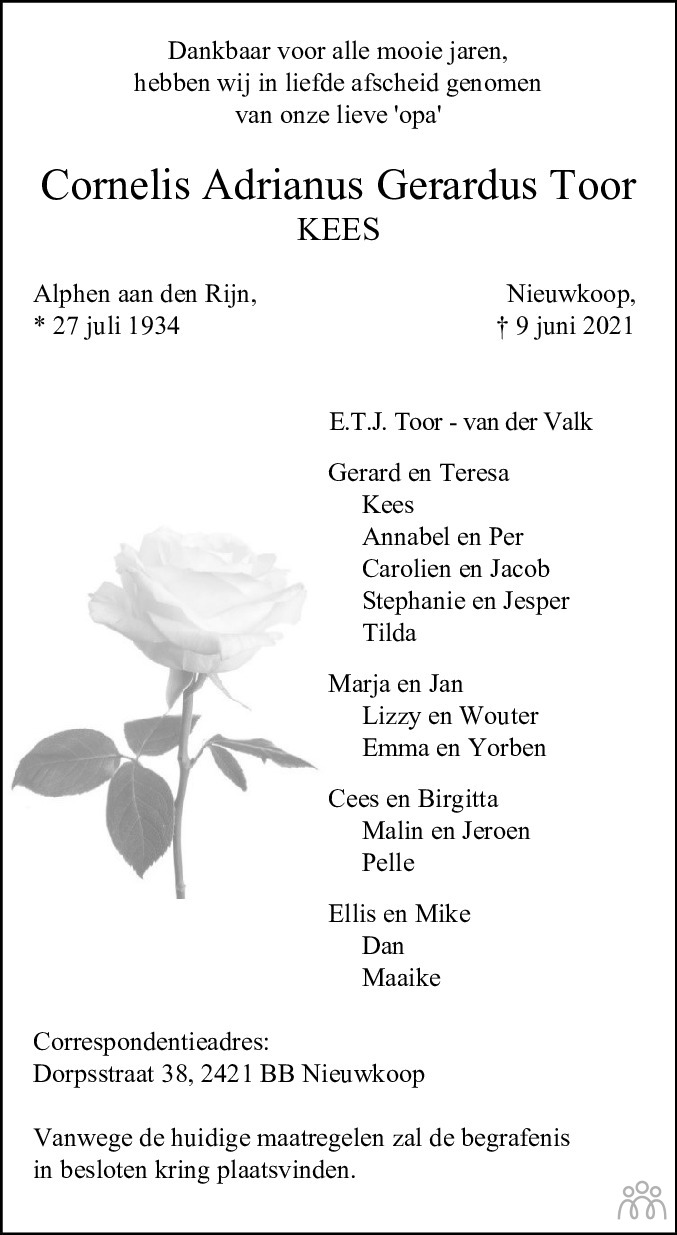 Overlijdensbericht van Cornelis Adrianus Gerardus (Kees) Toor in de Telegraaf