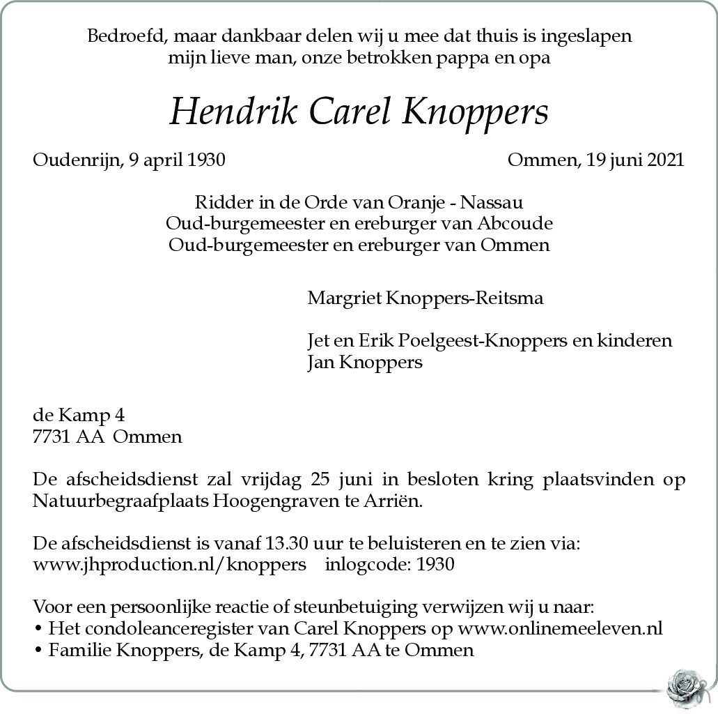 Overlijdensbericht van Hendrik Carel Knoppers in de Telegraaf
