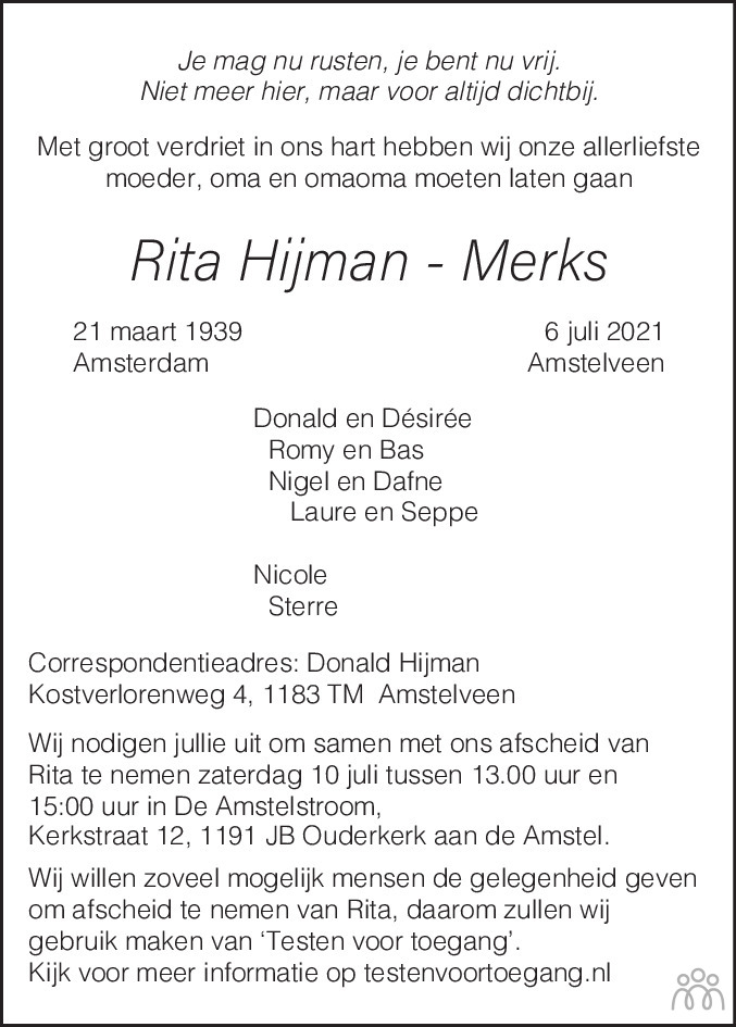 Overlijdensbericht van Rita Hijman-Merks in de Telegraaf