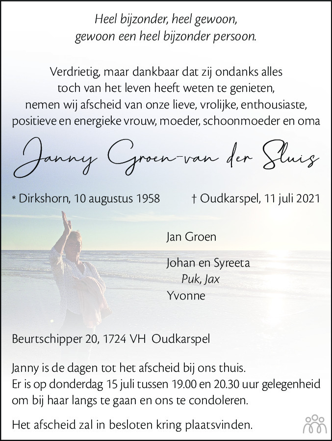 Overlijdensbericht van Janny Groen-van der Sluis in Alkmaarsche Courant