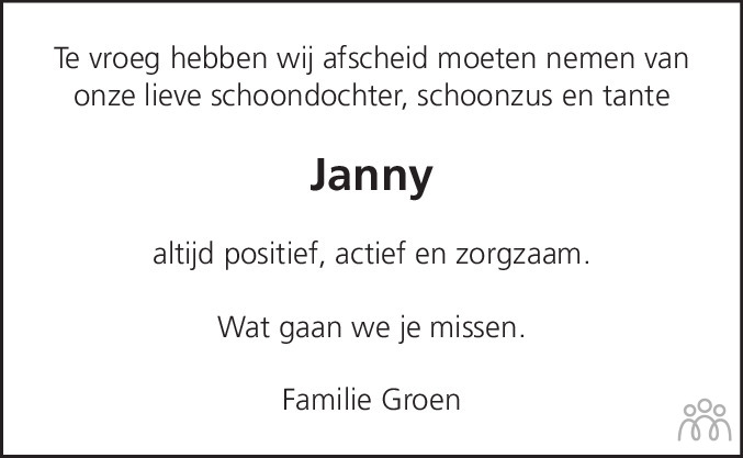 Overlijdensbericht van Janny Groen-van der Sluis in Alkmaarsche Courant