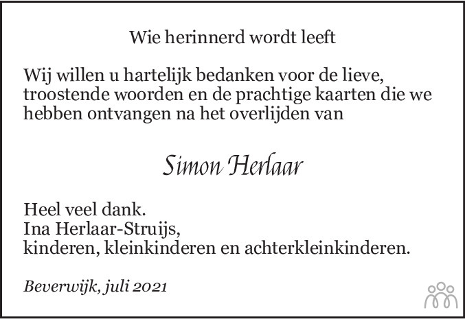 Overlijdensbericht van Simon Herlaar in Dagblad Kennemerland