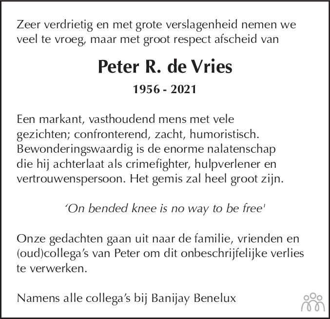 Overlijdensbericht van Peter R. de Vries in de Telegraaf