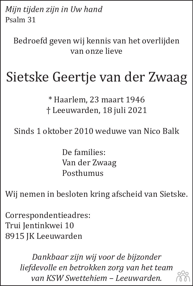 Overlijdensbericht van Sietske Geertje van der Zwaag in Haarlems Dagblad Kombinatie