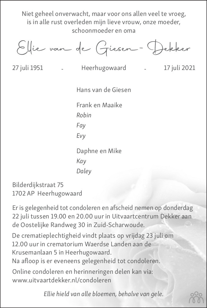 Overlijdensbericht van Ellie van de Giesen-Dekker in Alkmaarsche Courant