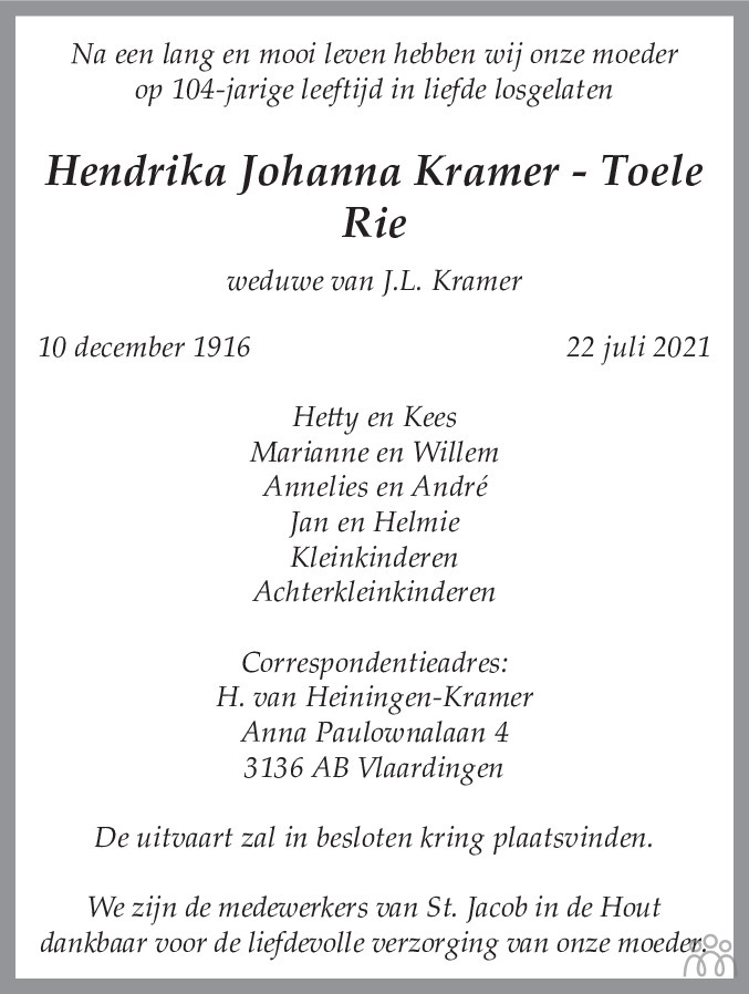 Overlijdensbericht van Hendrika Johanna (Rie) Kramer - Toele  in Haarlems Dagblad Kombinatie