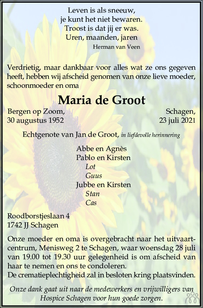 Maria de Groot 23072021 overlijdensbericht en condoleances