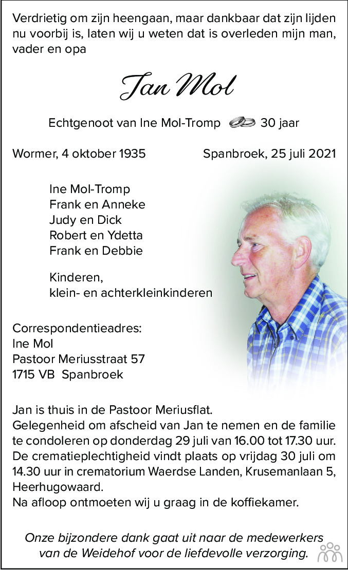 Jan Mol 25072021 overlijdensbericht en condoleances Mensenlinq.nl