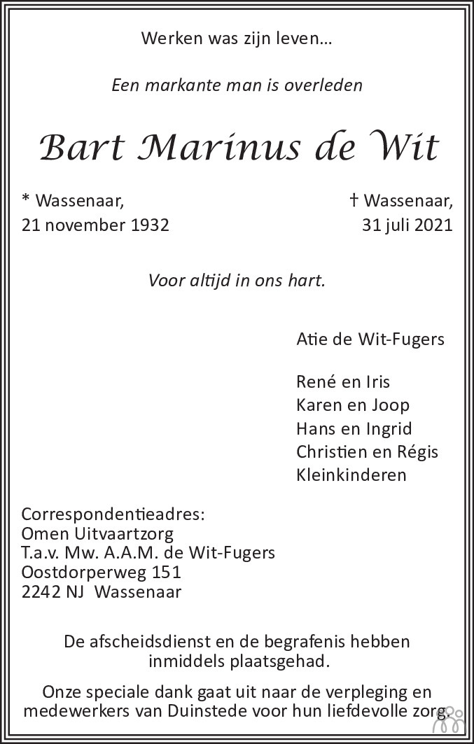 Overlijdensbericht van Bart Marinus de Wit in de Telegraaf