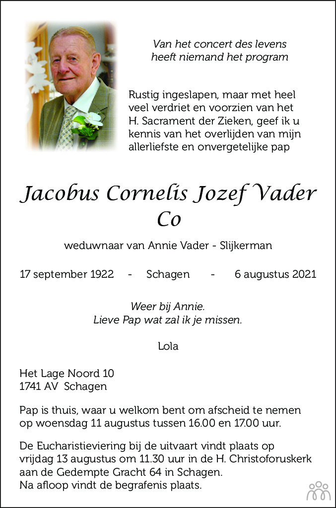 Jacobus Cornelis Jozef (Co) Vader 06082021 overlijdensbericht en