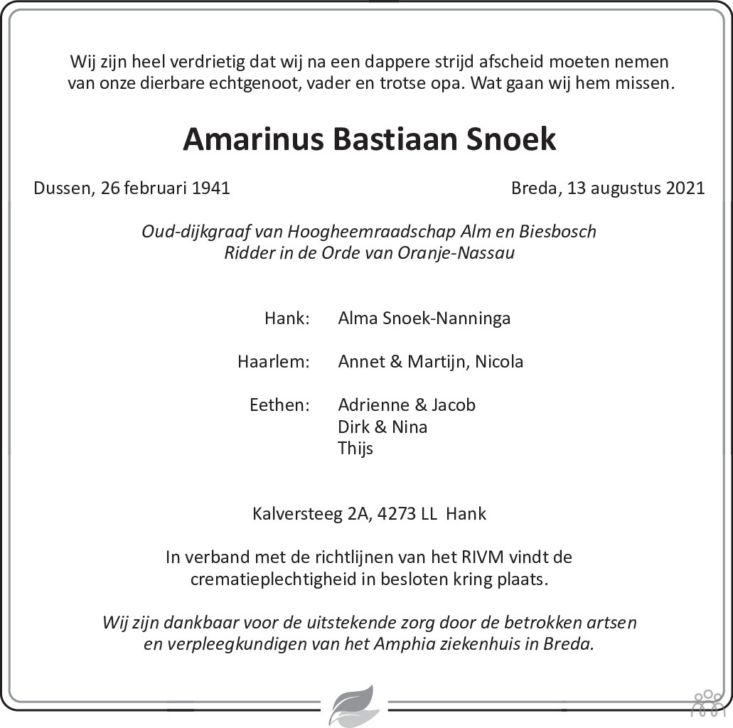 Overlijdensbericht van Amarinus Bastiaan Snoek in de Telegraaf