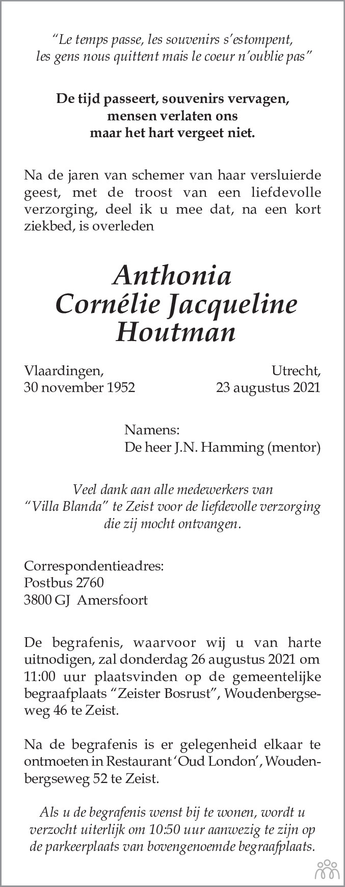 Overlijdensbericht van Anthonia Cornélie Jacqueline Houtman in de Telegraaf