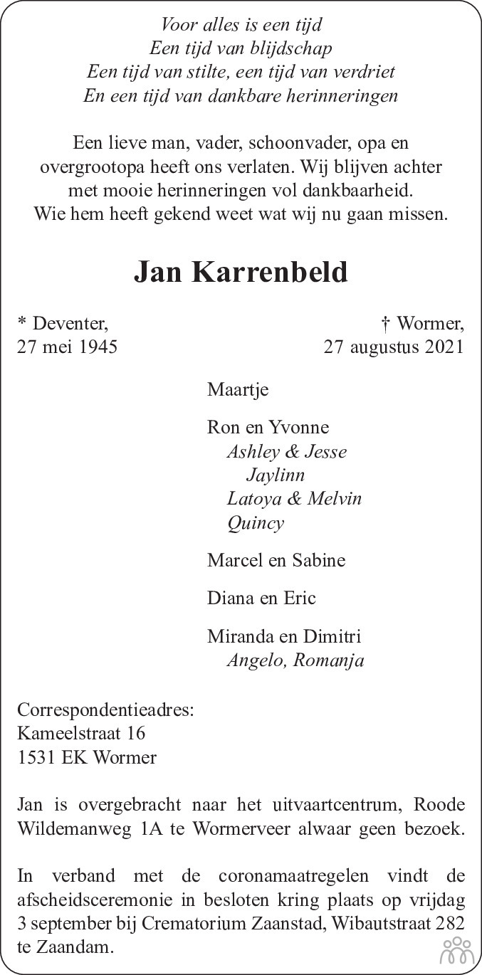 Jan Karrenbeld 27-08-2021 Overlijdensbericht En Condoleances 