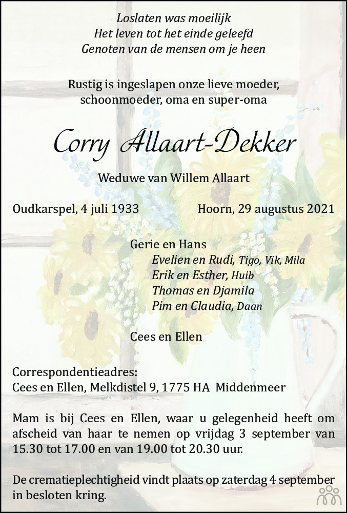 Overlijdensbericht van Corry Allaart-Dekker in Schagen / Den Helder