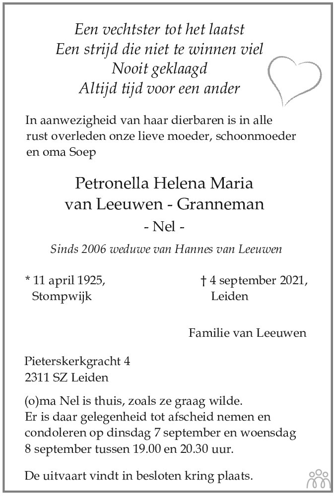 Petronella Helena Maria (Nel) Van Leeuwen-Granneman 04-09-2021 ...