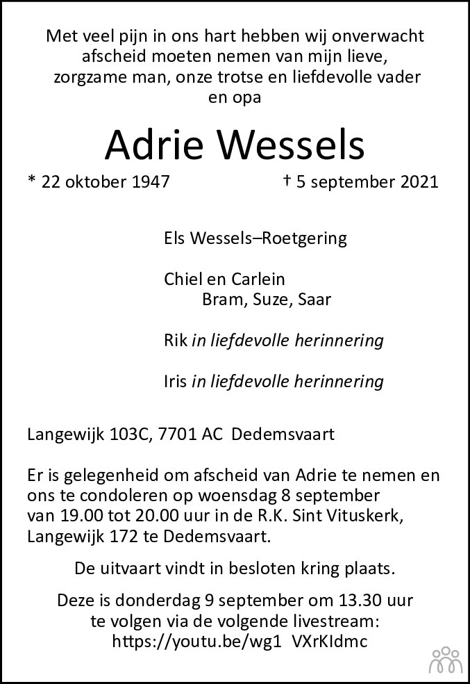 Overlijdensbericht van Adrie Wessels in de Telegraaf