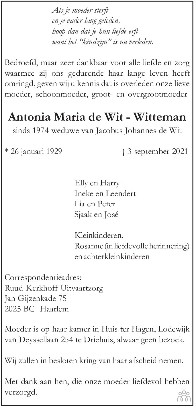 Overlijdensbericht van Antonia Maria de Wit-Witteman in Haarlems Dagblad Kombinatie