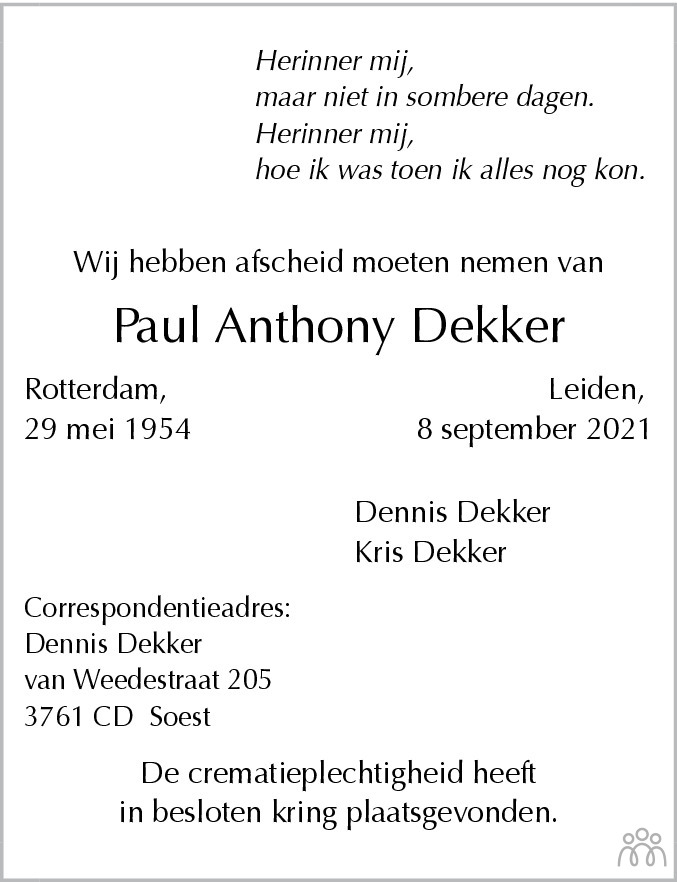 Paul Anthony Dekker 08092021 overlijdensbericht en condoleances