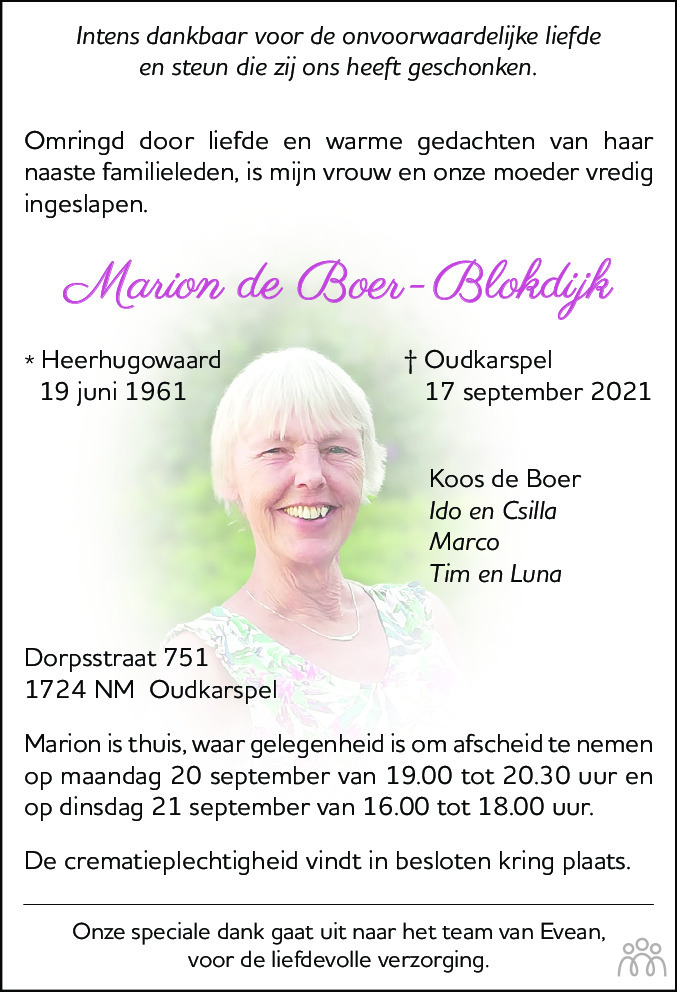 Overlijdensbericht van Marion de Boer-Blokdijk in Alkmaarsche Courant