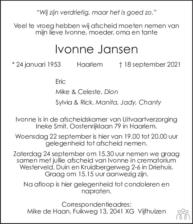 Overlijdensbericht van Ivonne Jansen in Haarlems Dagblad Kombinatie