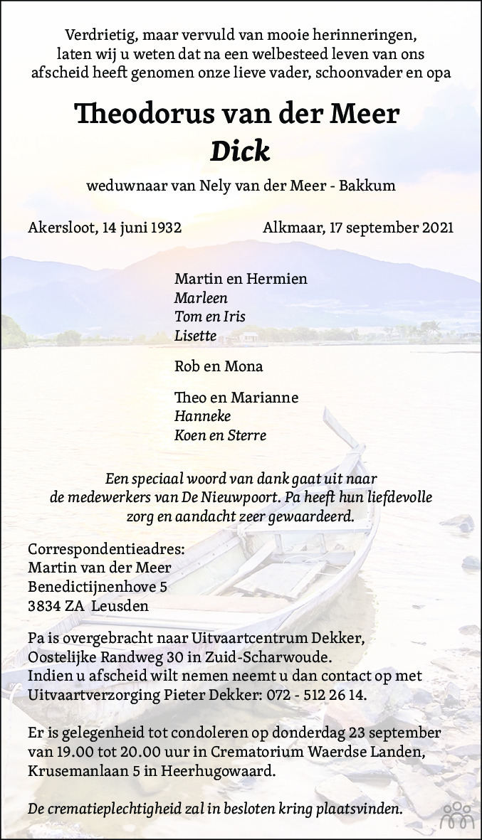 Overlijdensbericht van Theodorus (Dick) van der Meer in Alkmaarsche Courant