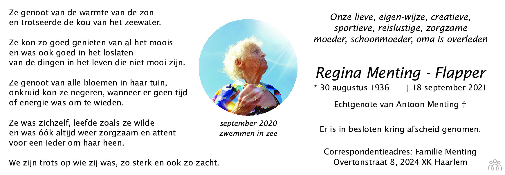 Overlijdensbericht van Regina Menting-Flapper in Haarlems Dagblad Kombinatie