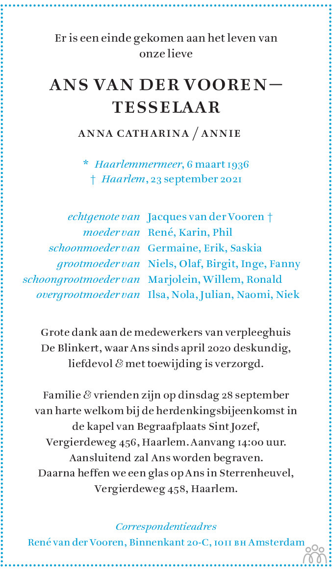 Overlijdensbericht van Ans (Anna Catharina / Annie) van der Vooren-Tesselaar in Haarlems Dagblad Kombinatie