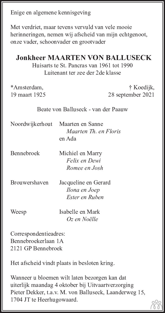 Maarten von Balluseck 28092021 overlijdensbericht en condoleances