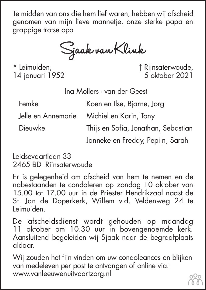 Overlijdensbericht van Sjaak van Klink in Leidsch Dagblad