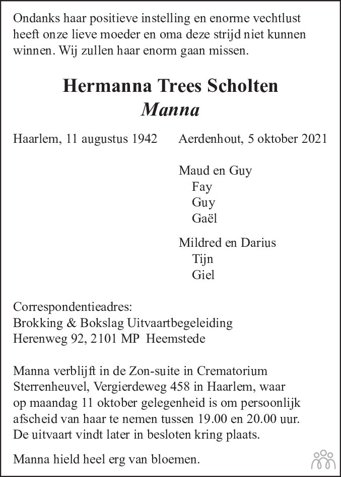 Overlijdensbericht van Hermanna Trees (Manna) Scholten in Haarlems Dagblad Kombinatie