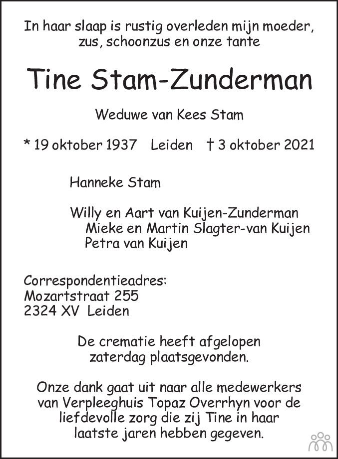 Overlijdensbericht van Tine Stam-Zunderman in Leidsch Dagblad