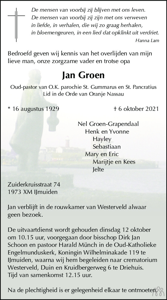 Overlijdensbericht van Jan Groen in Haarlems Dagblad Kombinatie