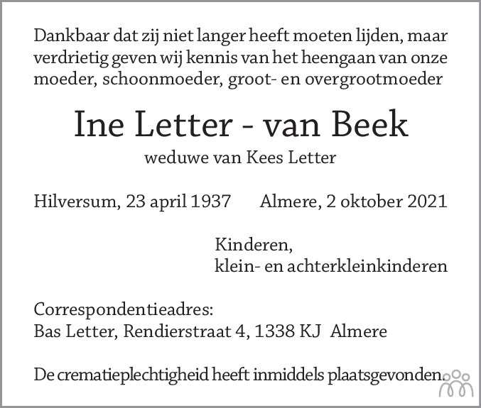 Overlijdensbericht van Ine Letter-van Beek in De Gooi- en Eemlander
