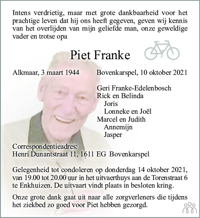Overlijdensbericht van Piet Franke in Dagblad voor West-Friesland