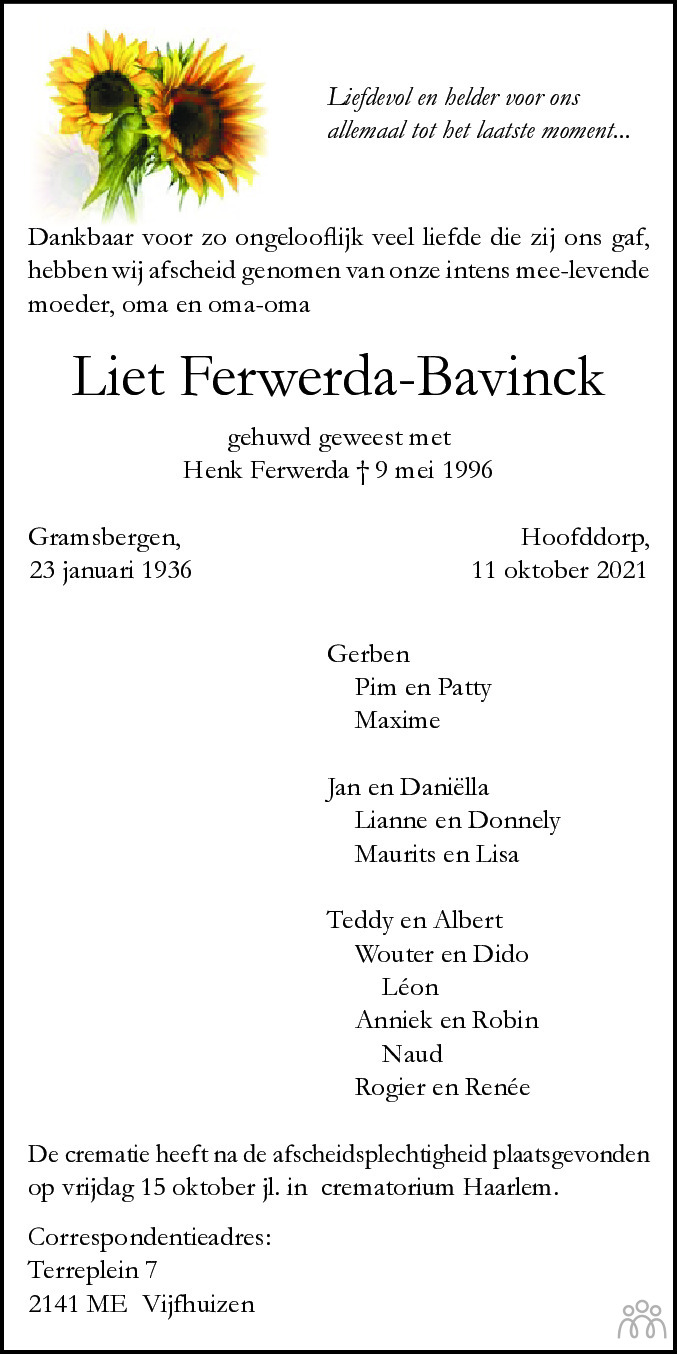 Overlijdensbericht van Liet Ferwerda-Bavinck in Haarlems Dagblad Kombinatie