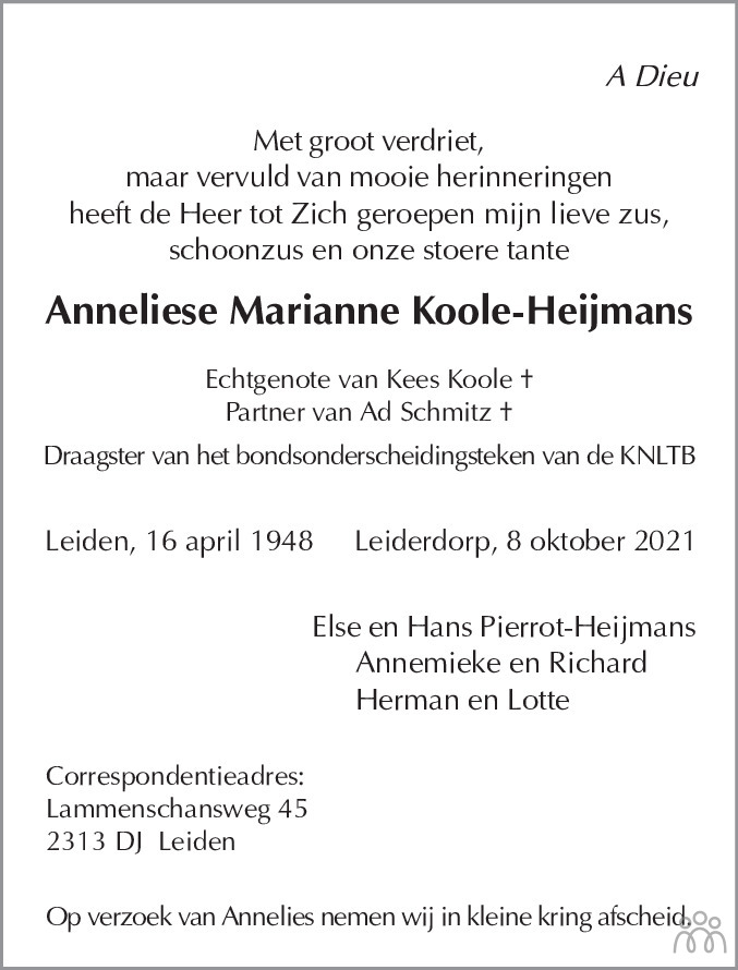 Overlijdensbericht van Anneliese Marianne Koole-Heijmans in Leidsch Dagblad