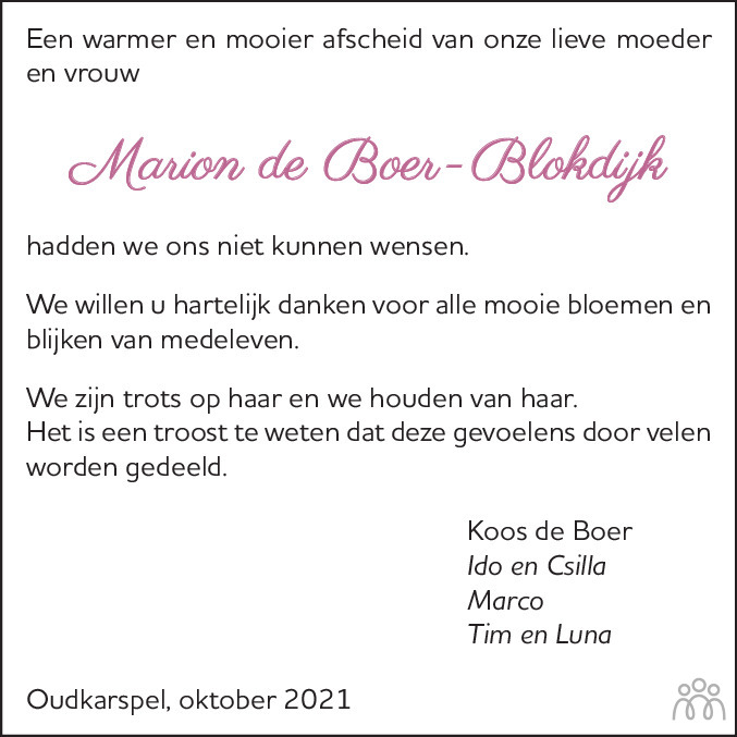 Overlijdensbericht van Marion de Boer-Blokdijk in Alkmaarsche Courant