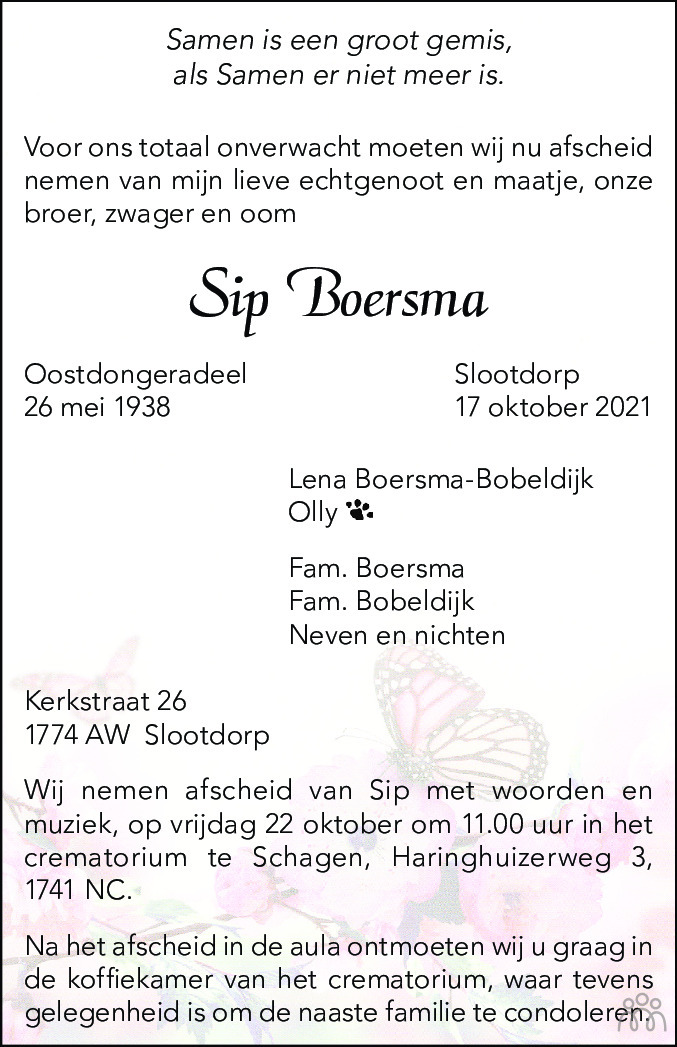 Overlijdensbericht van Sip Boersma in Schagen / Den Helder